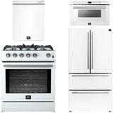 FORNO Espresso Package - 30" Gas Range, 36" Refrigerator with Ice Maker, Dishwasher and 24" Microwave Drawer in White with Silver Accents