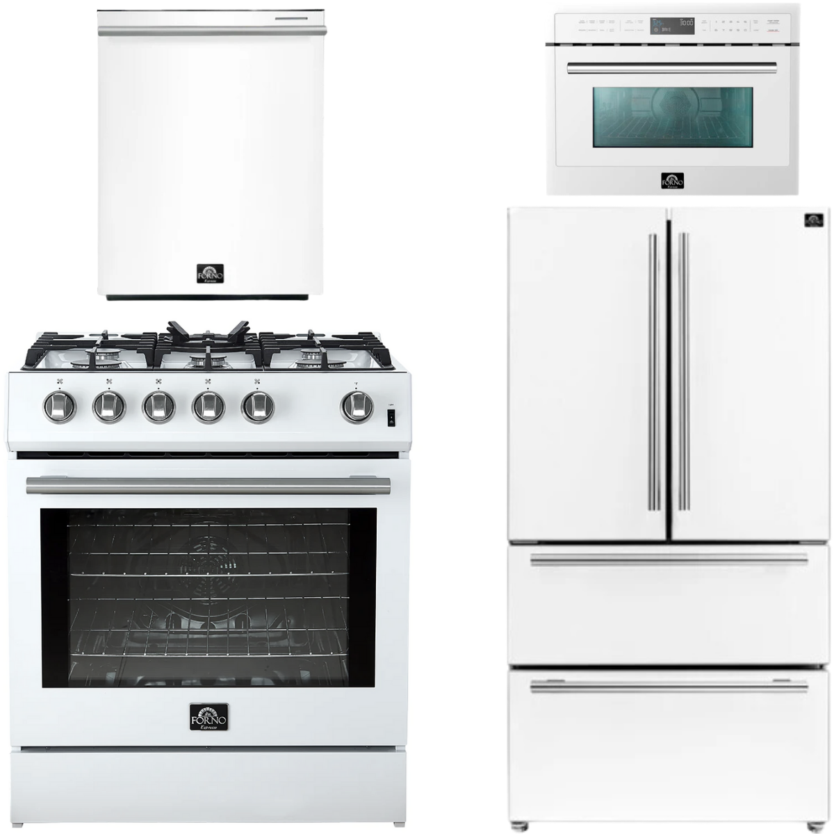 FORNO Espresso Package - 30" Gas Range, 36" Refrigerator with Ice Maker, Dishwasher and 24" Microwave Oven in White with Silver Accents