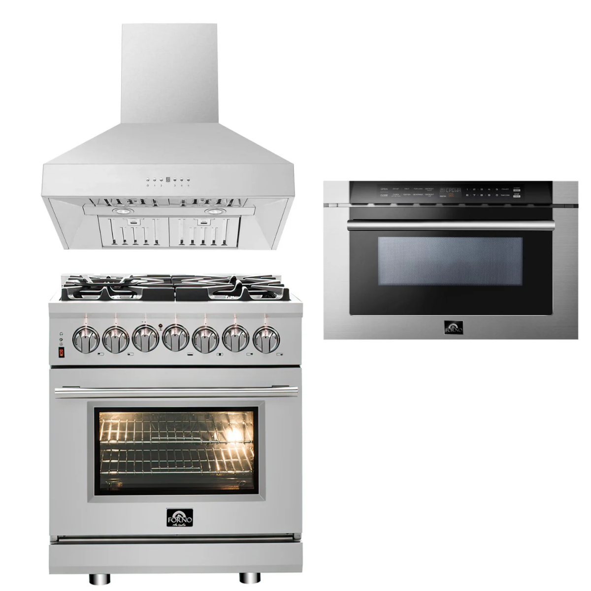 FORNO Appliance Package - 30" Dual Fuel Range, 30" Range Hood, Microwave Drawer, AP-FFSGS6125-30-W-3