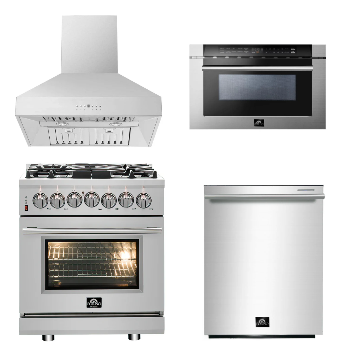 FORNO Appliance Package - 30" Dual Fuel Range, 30" Range Hood, Dishwasher, Microwave Drawer, AP-FFSGS6125-30-W-6