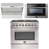 FORNO Appliance Package - 36 Inch Dual Fuel Range, Wall Mount Range Hood, Microwave Drawer, AP-FFSGS6156-36-3