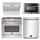 FORNO Appliance Package - 36 Inch Dual Fuel Range, Wall Mount Range Hood, Microwave Drawer, Dishwasher, AP-FFSGS6156-36-6