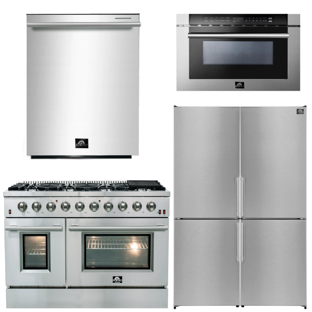 FORNO Appliance Package - 48" Dual Fuel Range, Dishwasher, 48" Refrigerator, Microwave Drawer, AP-FFSGS6156-48-12