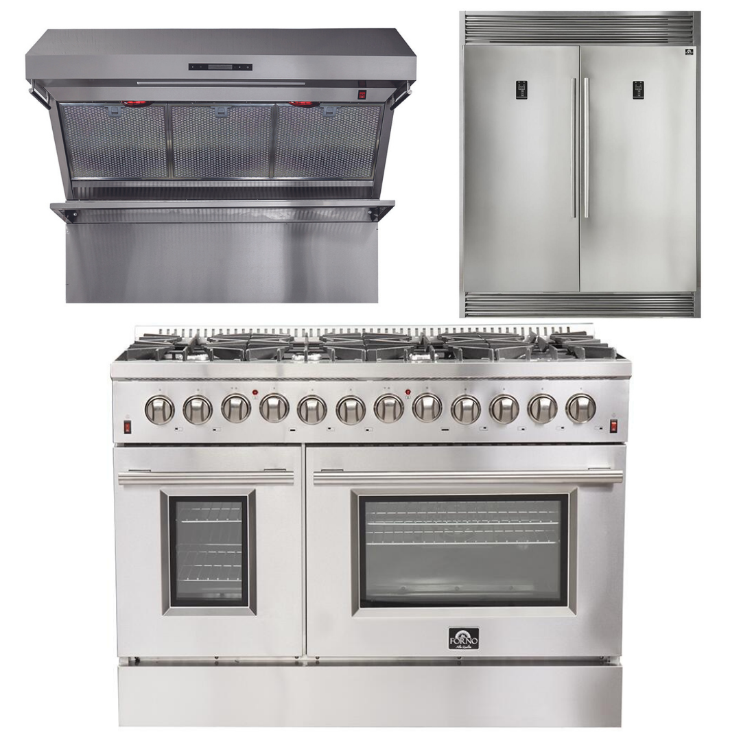 FORNO Appliance Package - 48 Inch Dual Fuel Range, Wall Mount Range Hood, 60 Inch Refrigerator, FBDL-017-02US