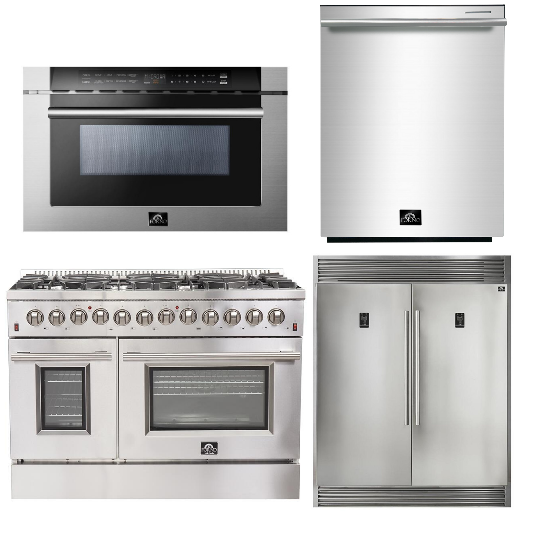 FORNO Appliance Package - 48 Inch Dual Fuel Range, 60 Inch Refrigerator, Microwave Drawer, Dishwasher, AP-FFSGS6156-48-7