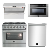 FORNO Appliance Package - 36 Inch Gas Range, Wall Mount Range Hood, Microwave Drawer, Dishwasher, AP-FFSGS6244-36-6