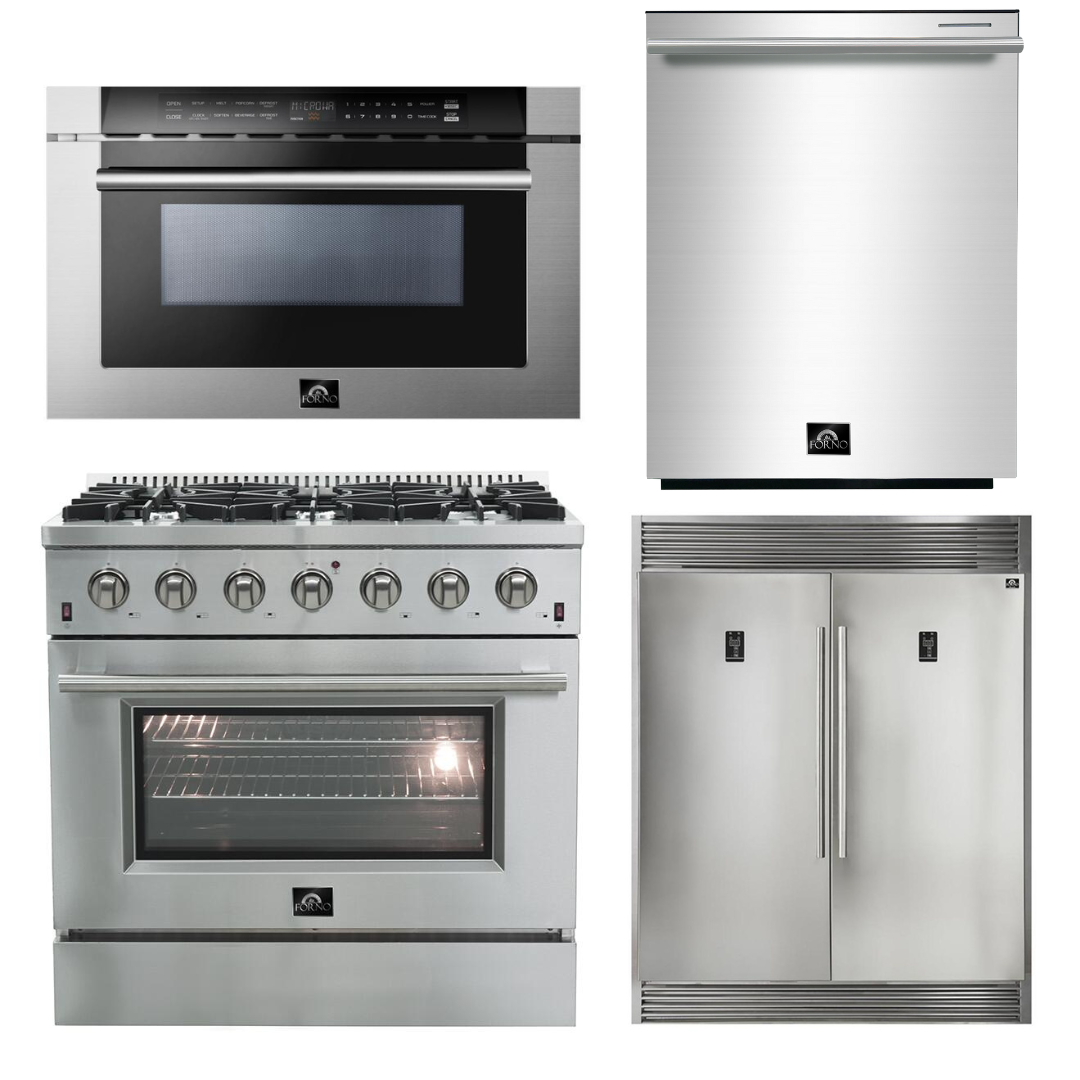 FORNO Appliance Package - 36 Inch Gas Range, 60 Inch Refrigerator, Microwave Drawer, Dishwasher, AP-FFSGS6244-36-7