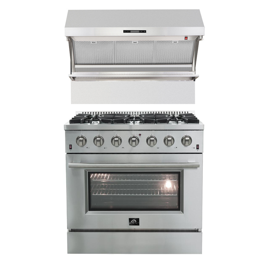 FORNO Appliance Package- 36 Inch Gas Range, Wall Mount Range Hood, AP-FFSGS6244-36