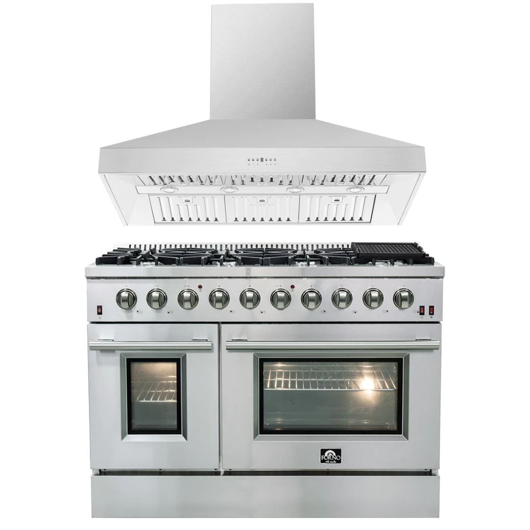 FORNO Appliance Package - 48" Gas Range, Wall Mount Range Hood, AP-FFSGS6244-48-15