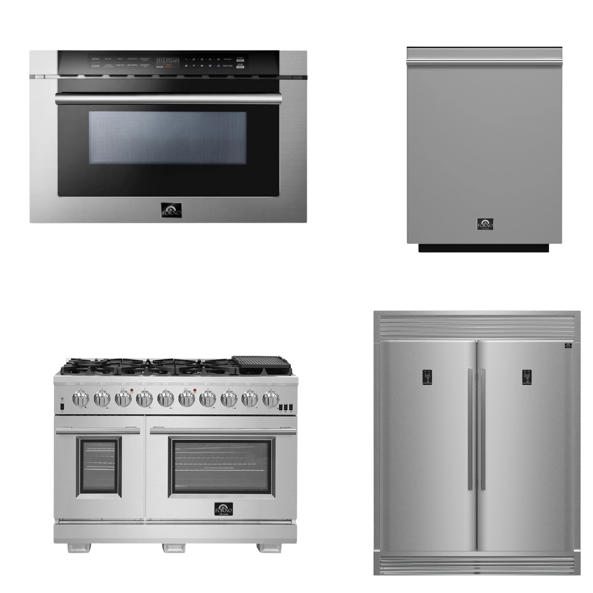 FORNO Appliance Package - 48 Inch Pro Gas Range, Refrigerator, Microwave Drawer, Dishwasher, AP-FFSGS6260-48-7