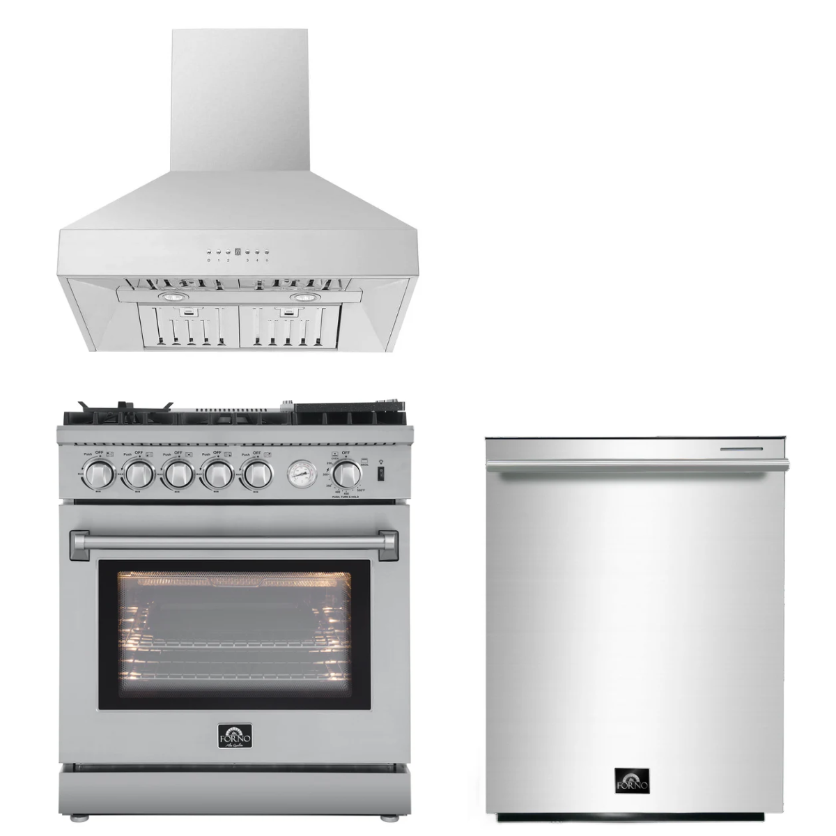 FORNO Appliance Package - 30" Gas Range, 30" Range Hood, Dishwasher, AP-FFSGS6276-30-W-2