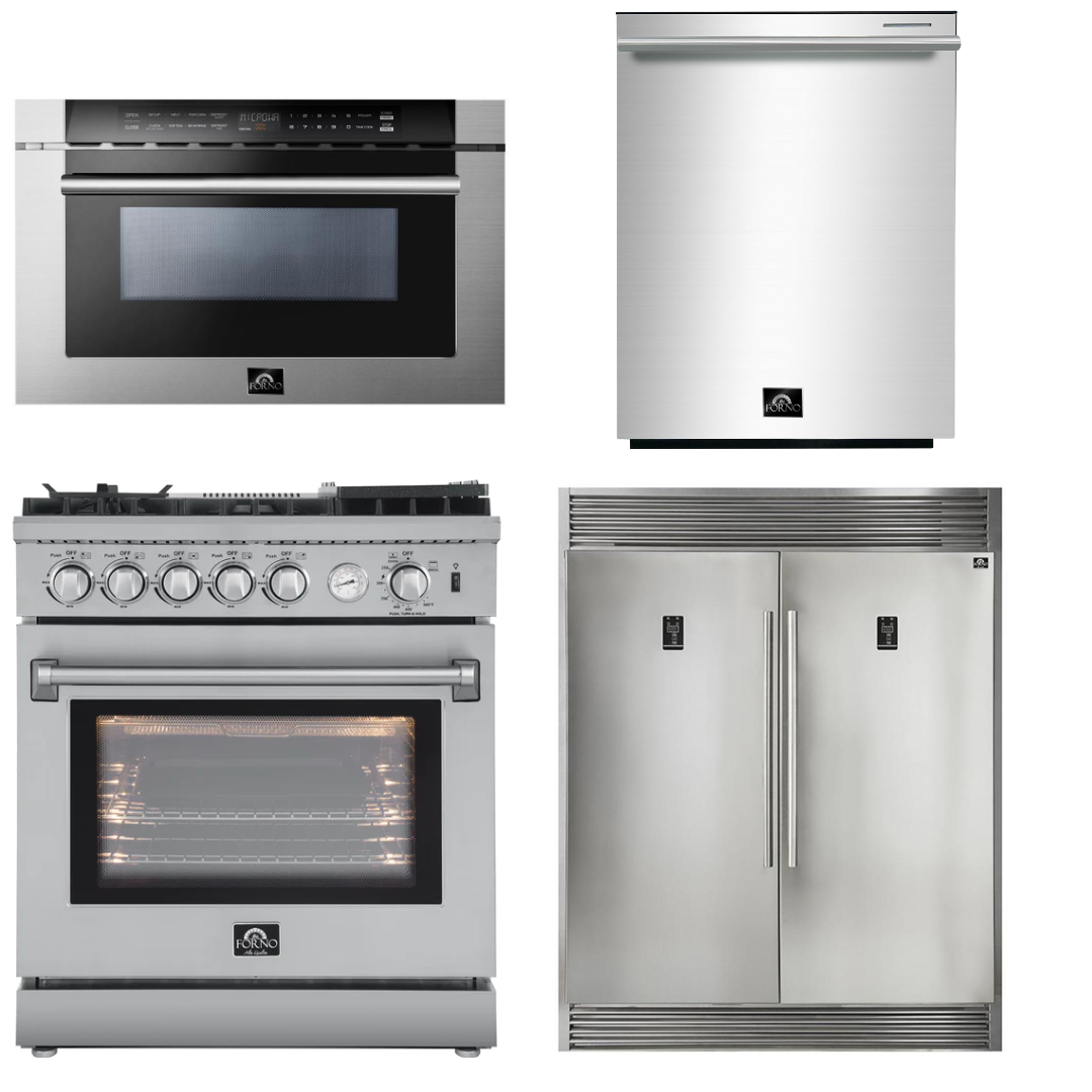 FORNO Appliance Package - 30" Gas Range, 60" Refrigerator, Dishwasher, Microwave Drawer, AP-FFSGS6276-30-W-7