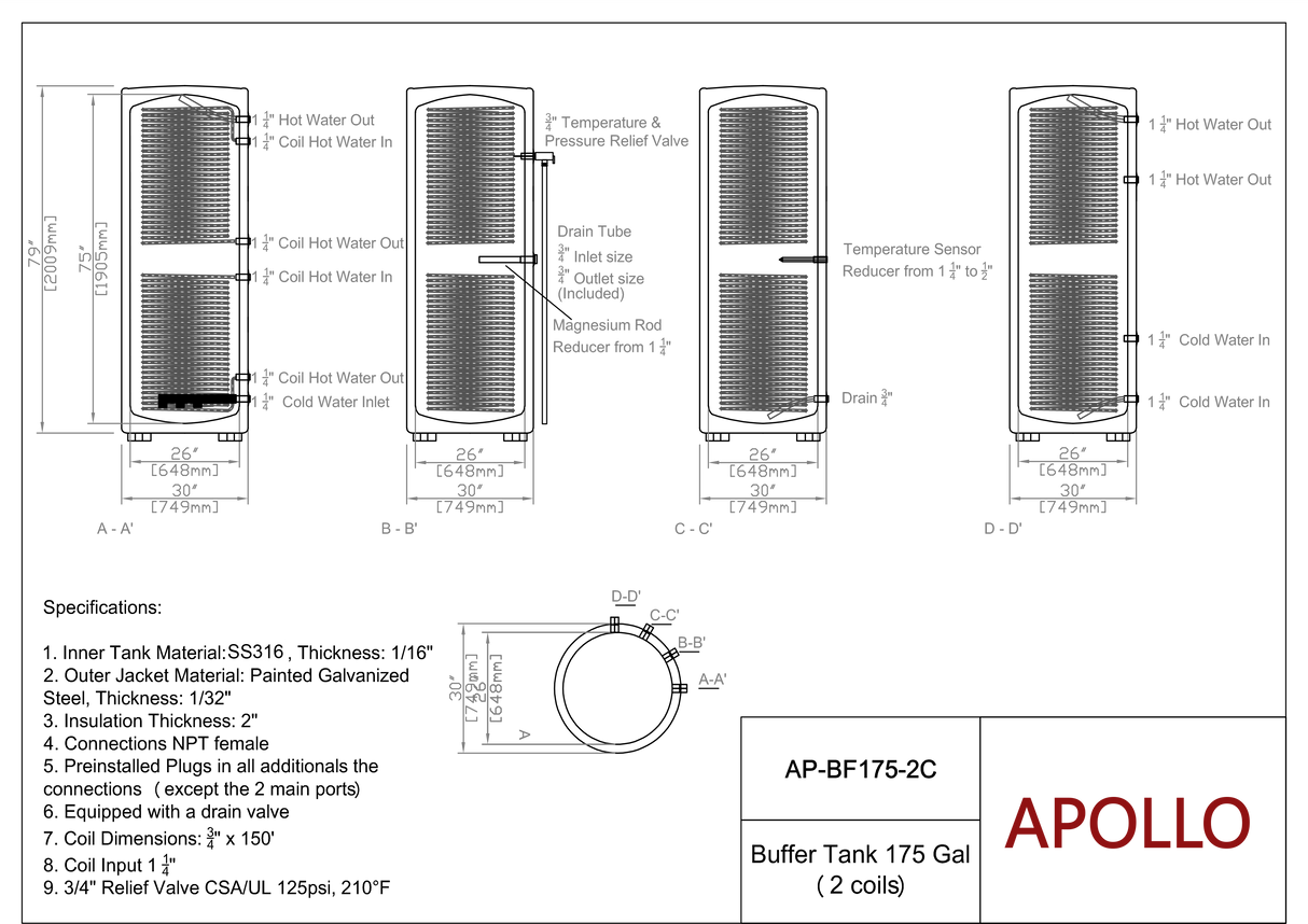 APOLLO Stainless Buffer Tank - 175/250gal