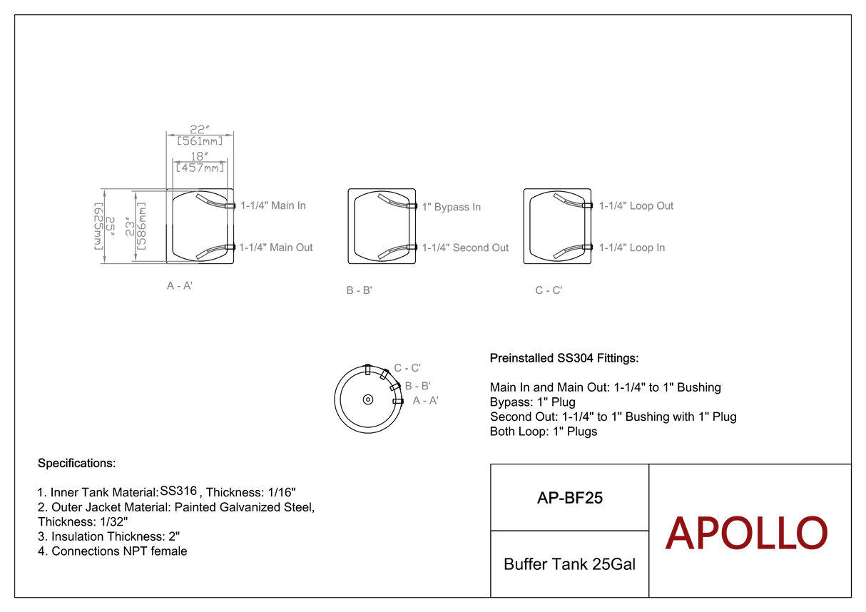APOLLO BF25 - Stainless Buffer Tank - 25gal
