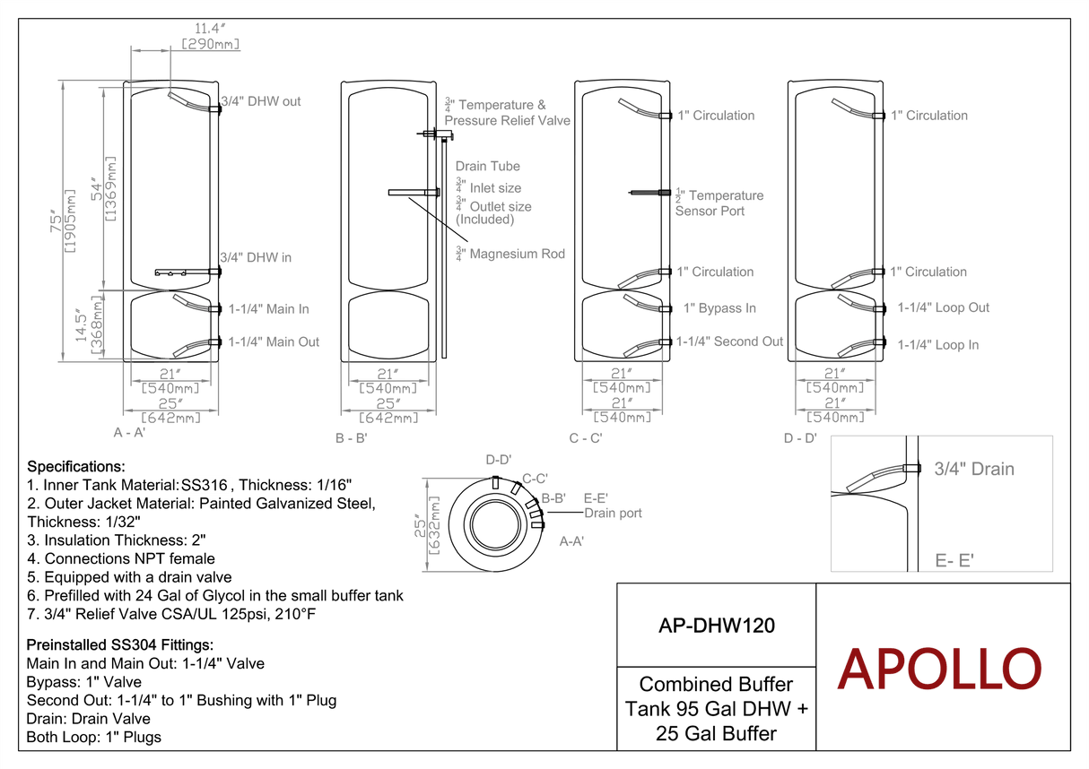 APOLLO DHW120 MAX - Stainless Combined Indirect Water Heater Tank