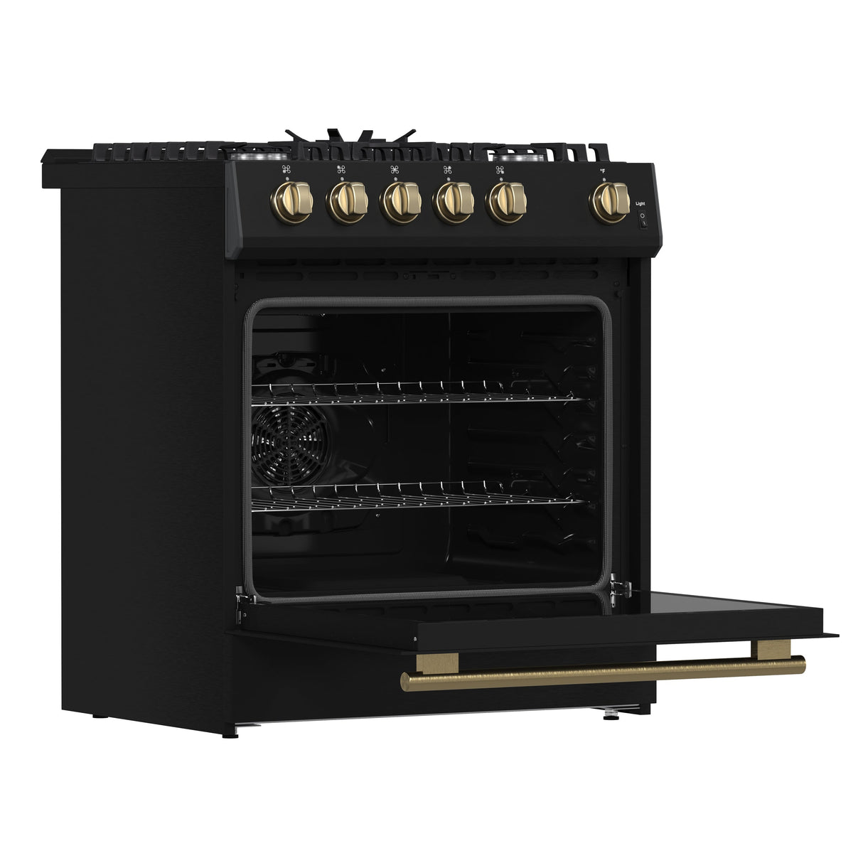 FORNO Espresso Leonardo 30" 5 cu. ft. Gas Range in Black with Antique Brass Handles, FFSGS1116-30BLK