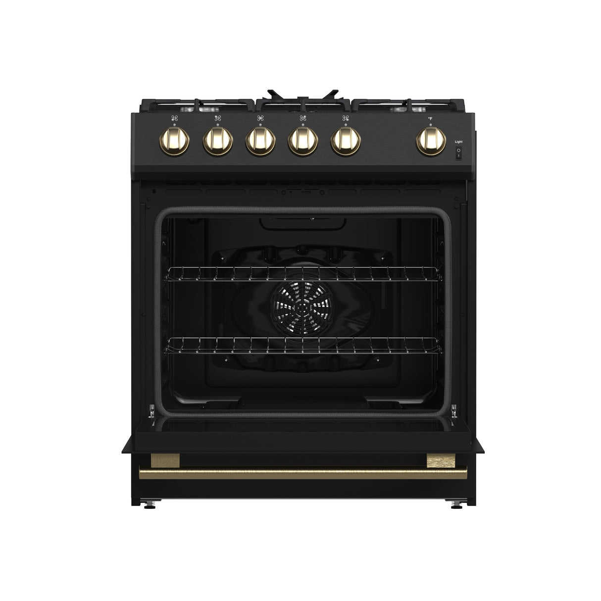 FORNO Espresso Leonardo 30" 5 cu. ft. Gas Range in Black with Antique Brass Handles, FFSGS1116-30BLK