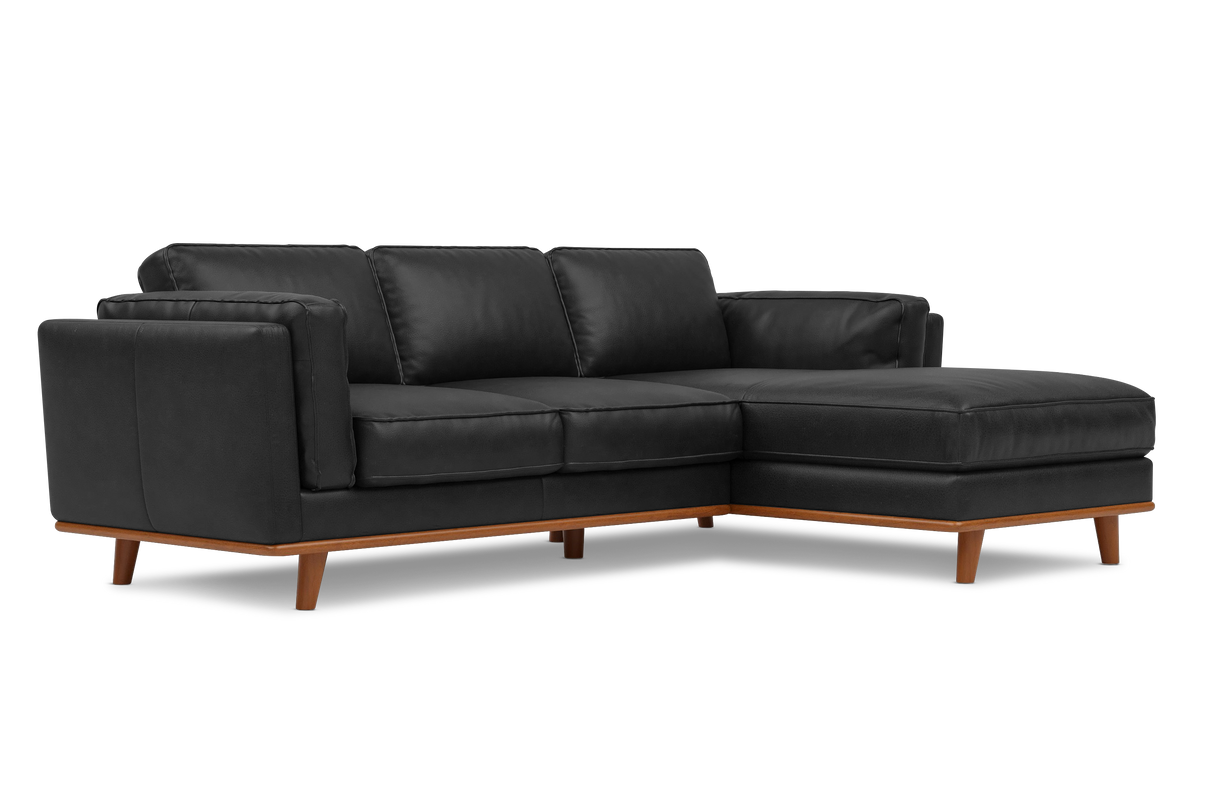 Valencia Artisan Top Grain Leather Three Seats with Right Chaise Sofa, Black