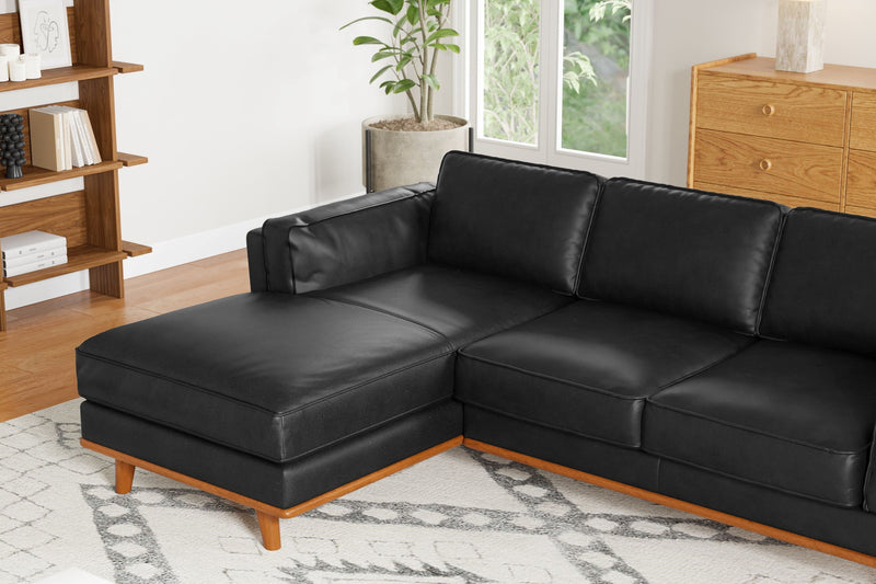 Valencia Artisan Top Grain Leather Three Seats with Left Chaise Sofa, Black