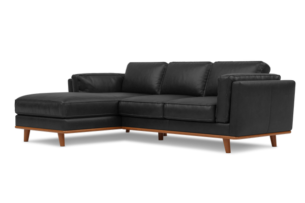Valencia Artisan Top Grain Leather Three Seats with Left Chaise Sofa, Black