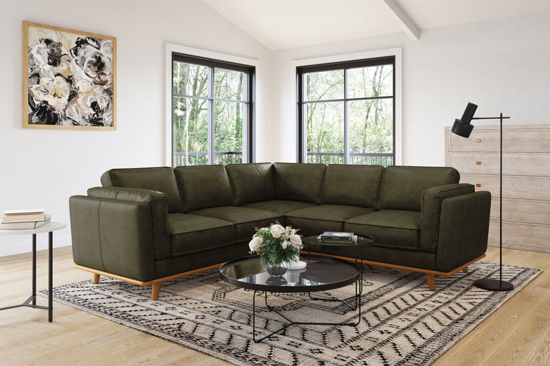 Valencia Artisan Top Grain Leather L-Shape Corner Sectional Sofa, Olive Green