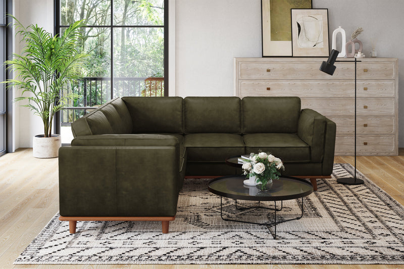 Valencia Artisan Top Grain Leather L-Shape Corner Sectional Sofa, Olive Green