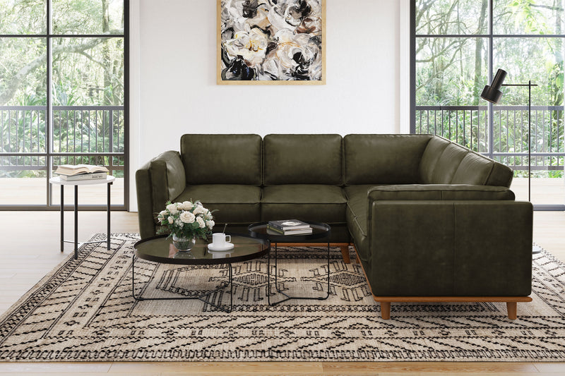 Valencia Artisan Top Grain Leather L-Shape Corner Sectional Sofa, Olive Green
