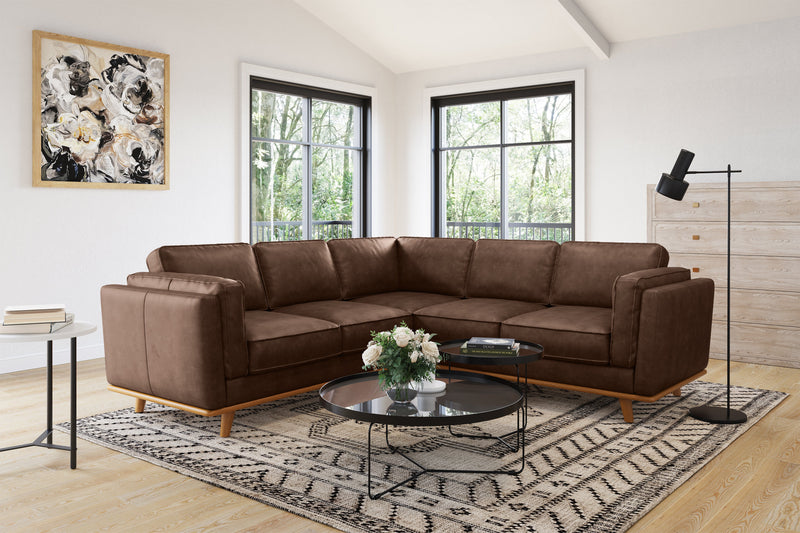 Valencia Artisan Top Grain Leather L-Shape Corner Sectional Sofa, Dark Chocolate