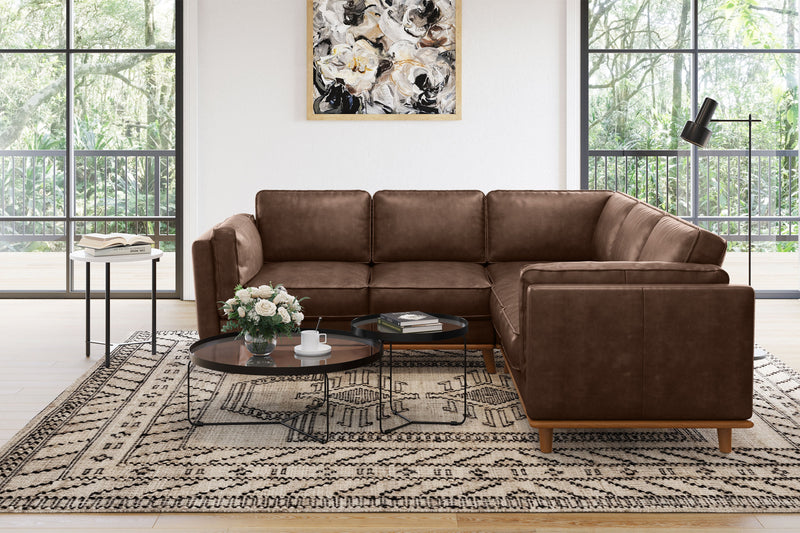 Valencia Artisan Top Grain Leather L-Shape Corner Sectional Sofa, Dark Chocolate