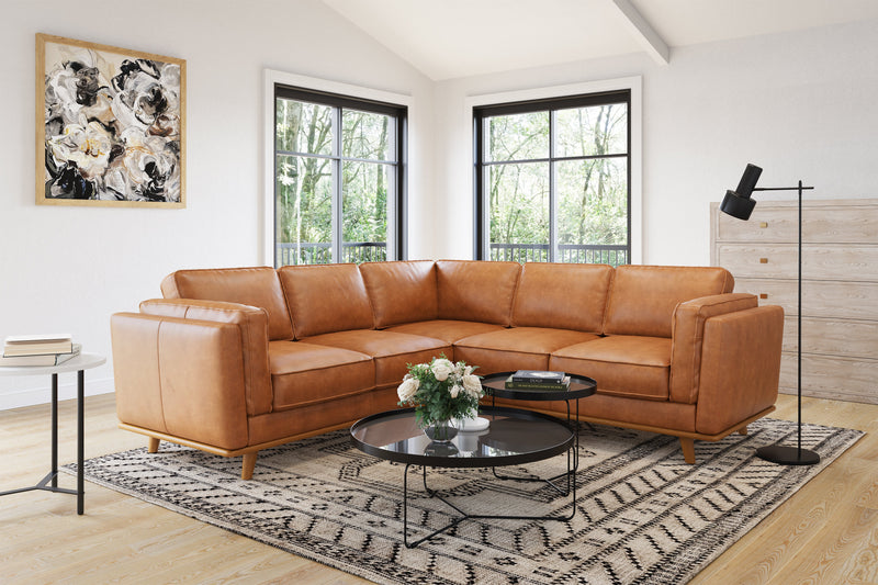 Valencia Artisan Top Grain Leather L-Shape Corner Sectional Sofa, Cognac