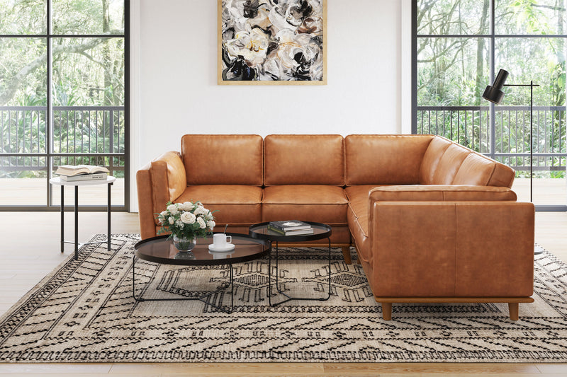 Valencia Artisan Top Grain Leather L-Shape Corner Sectional Sofa, Cognac