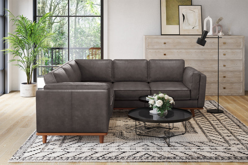 Valencia Artisan Top Grain Leather L-Shape Corner Sectional Sofa, Modern Grey