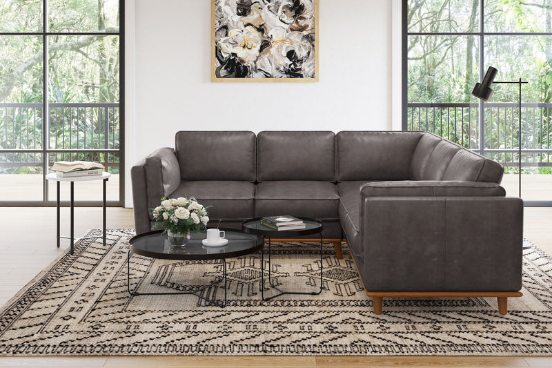 Valencia Artisan Top Grain Leather L-Shape Corner Sectional Sofa, Modern Grey