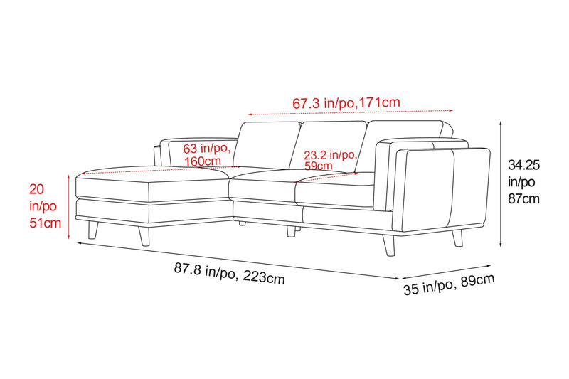 Valencia Artisan Top Grain Leather Three Seats with Left Chaise Sofa, Chocolate