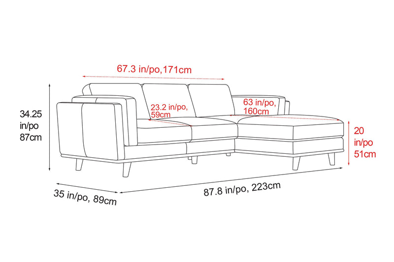 Valencia Artisan Top Grain Leather Three Seats with Right Hand Chaise Sofa, Chocolate