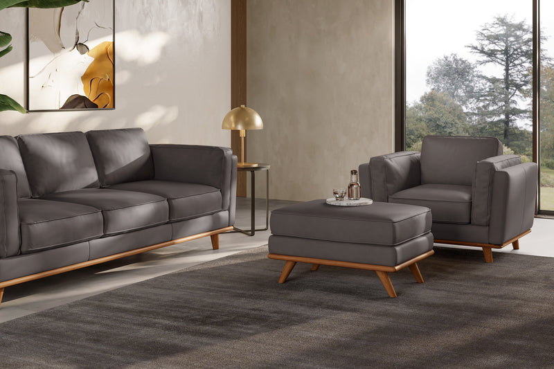 Valencia Artisan Top Grain Leather Ottoman, Modern Grey