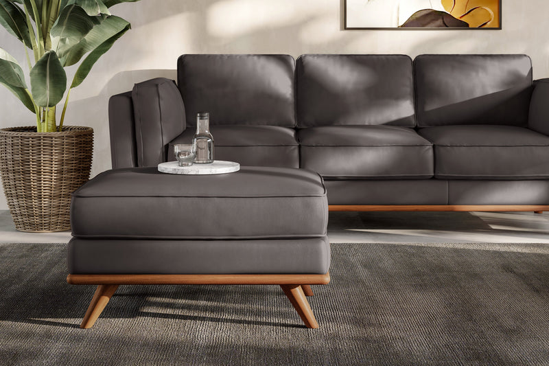 Valencia Artisan Top Grain Leather Ottoman, Modern Grey