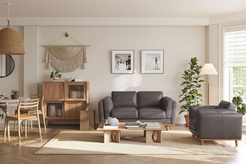 Valencia Artisan Top Grain Leather Loveseat Sofa, Modern Grey