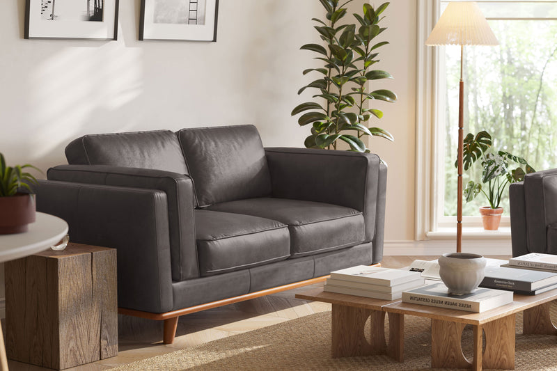 Valencia Artisan Top Grain Leather Loveseat Sofa, Modern Grey