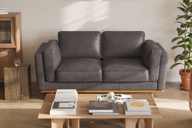 Valencia Artisan Top Grain Leather Loveseat Sofa, Modern Grey