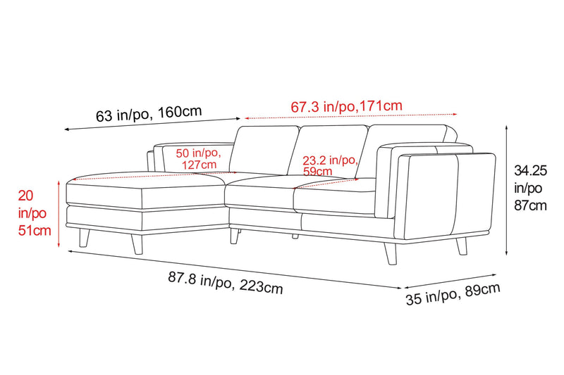 Valencia Artisan Top Grain Leather Three Seats with Left Chaise Sofa, Cognac