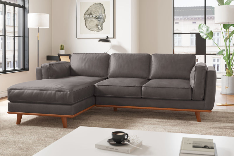 Valencia Artisan Top Grain Leather Three Seats with Left Chaise Sofa, Modern Grey