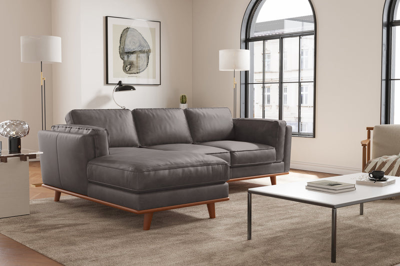 Valencia Artisan Top Grain Leather Three Seats with Left Chaise Sofa, Modern Grey