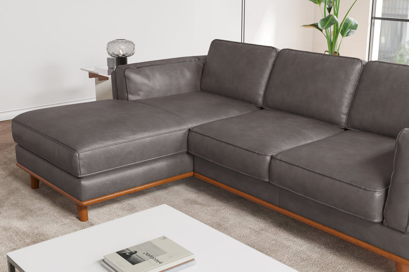 Valencia Artisan Top Grain Leather Three Seats with Left Chaise Sofa, Modern Grey