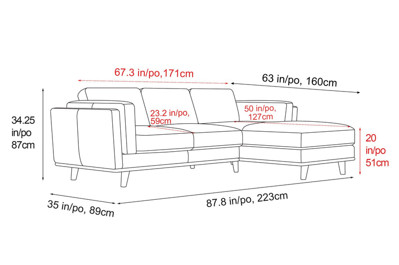 Valencia Artisan Top Grain Leather Three Seats with Right Chaise Sofa, Cognac