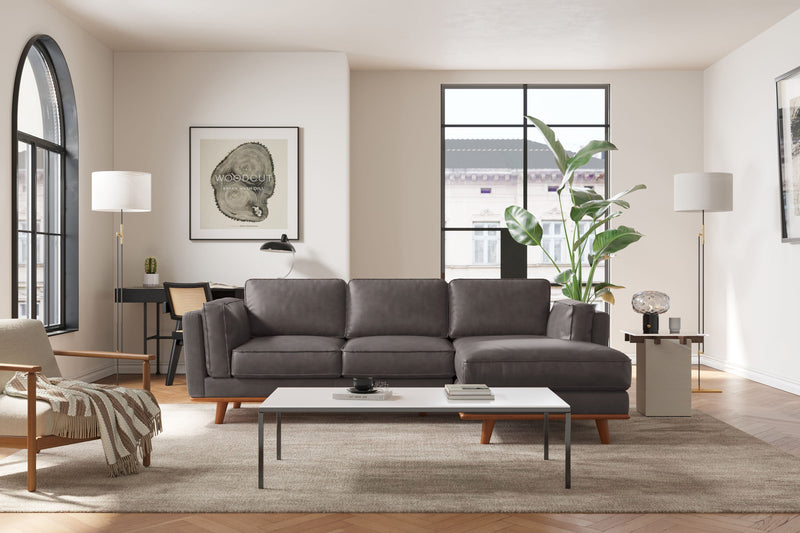 Valencia Artisan Top Grain Leather Three Seats with Right Chaise Sofa, Modern Grey