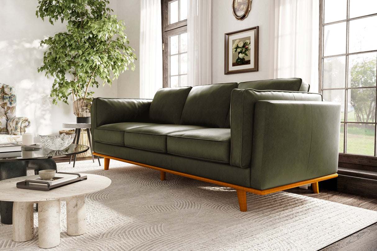 Valencia Artisan Top Grain Leather Wide Three Seats Sofa, Olive Green