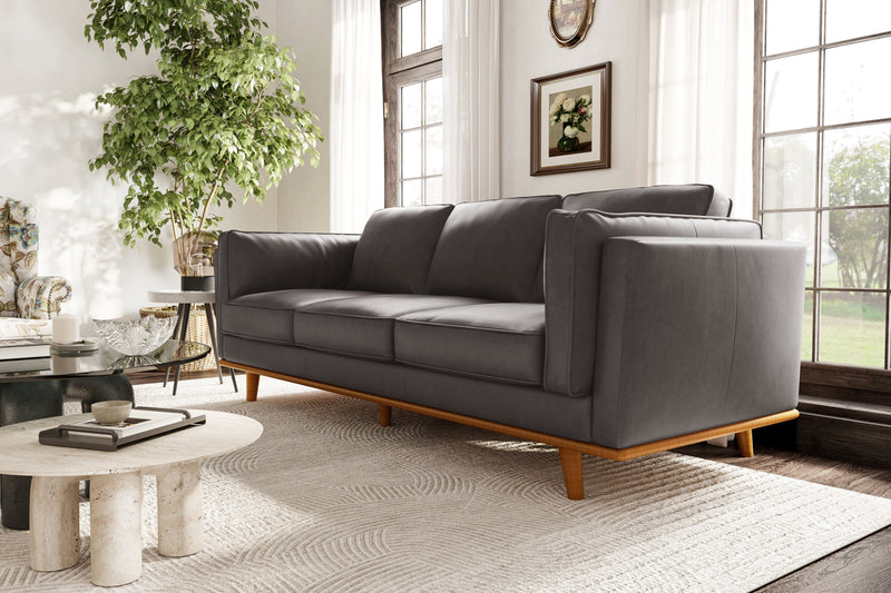 Valencia Artisan Top Grain Leather Wide Three Seats Sofa, Modern Grey