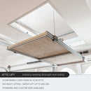 View of the platform fully raised, showing the clear space available for storing bulky items in the attic
