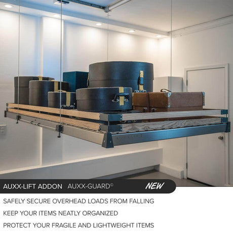 Wide shot showing the Auxx Guard in a garage setting, illustrating its function as a safety barrier